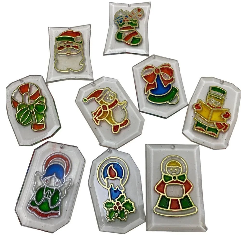Vintage Christmas Ornaments Set of 9 Clear Plastic Retro Suncatchers